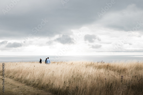 People walking in a field with a fantastic sea view