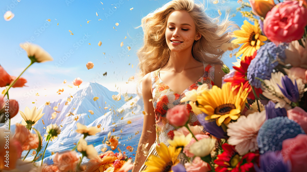 beautiful Woman walked in the sea of flowers and a bright smile beautiful Woman walked in the sea of flowers and a bright smile
