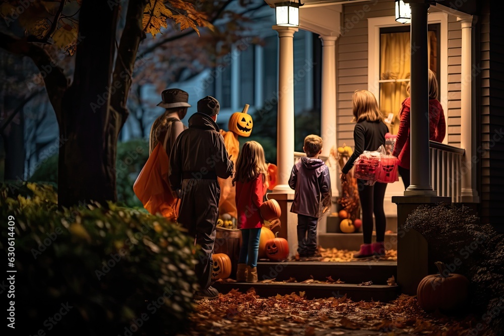 Trick-or-treaters in colorful costumes going door-to-door, eagerly collecting candy and treats from neighbors during the Halloween night - Generative AI
