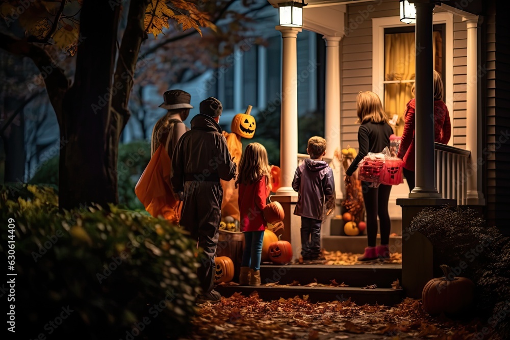 Fototapeta premium Trick-or-treaters in colorful costumes going door-to-door, eagerly collecting candy and treats from neighbors during the Halloween night - Generative AI