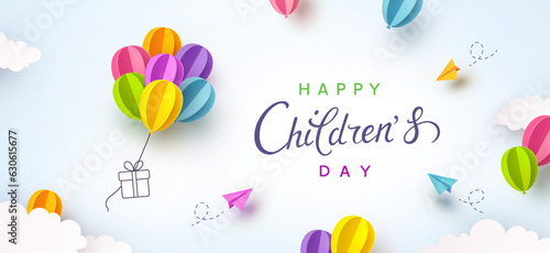 Children's Day postcard with flying balloons bunch and gift box on blue sky background. Vector 3d paper colorful ballons special cartoon kids poster template