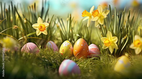 Easter eggs and daffodil flower on meadow. Easter eggs. Generative Ai