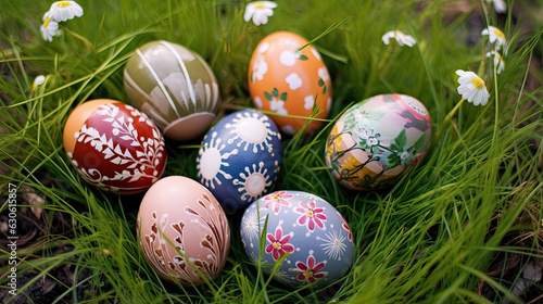 Easter eggs decorated with flowers in the grass. Easter eggs. Generative Ai