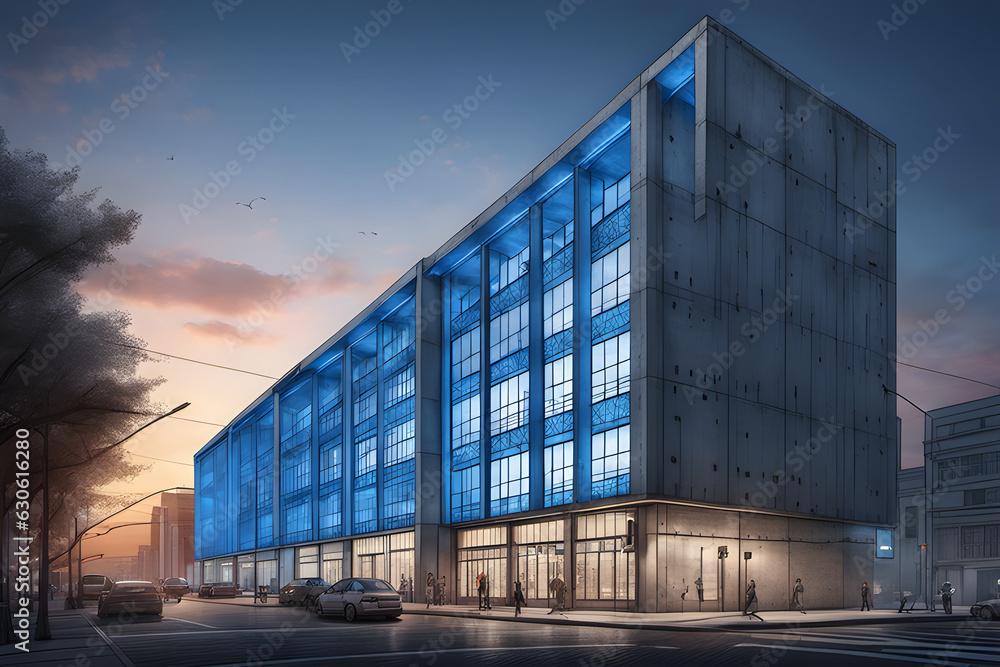 Obraz premium concrete-building-downtown-before-dawn-with-a-blue-haze