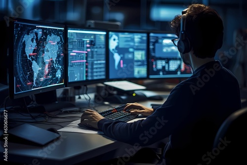 a man working in control room with multiple dekstop 