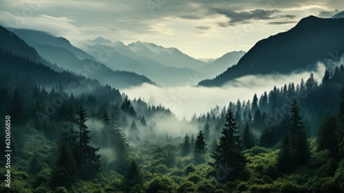 Beautiful mountain landscape with fog, Generative AI © tanatat