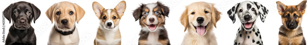 Collection of close up portrait of cute happy dog puppies, black labrador, labrador, corgie, australien shepherd, golden retriever, dalmatiner, german shepherd, isolated on white background Collection of close up portrait of cute happy dog puppies, black labrador, labrador, corgie, australien shepherd, golden retriever, dalmatiner, german shepherd, isolated on white background