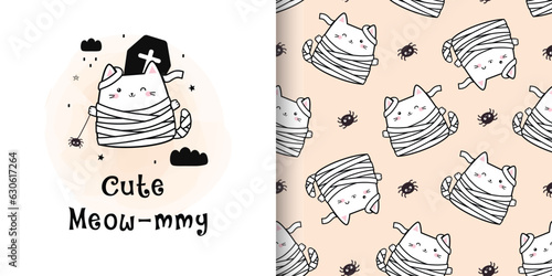 Cute Meow-mmy Cat Halloween collection. Cartoon card and seamless pattern set. Hand drawn cute doodle characters Animals Background. Cute Cartoon of mummy cat with bat. Vector illustration.