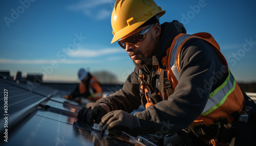 High quality stock photography Two engineers installing solar panels on roof,blue sky with sunlight,copy space