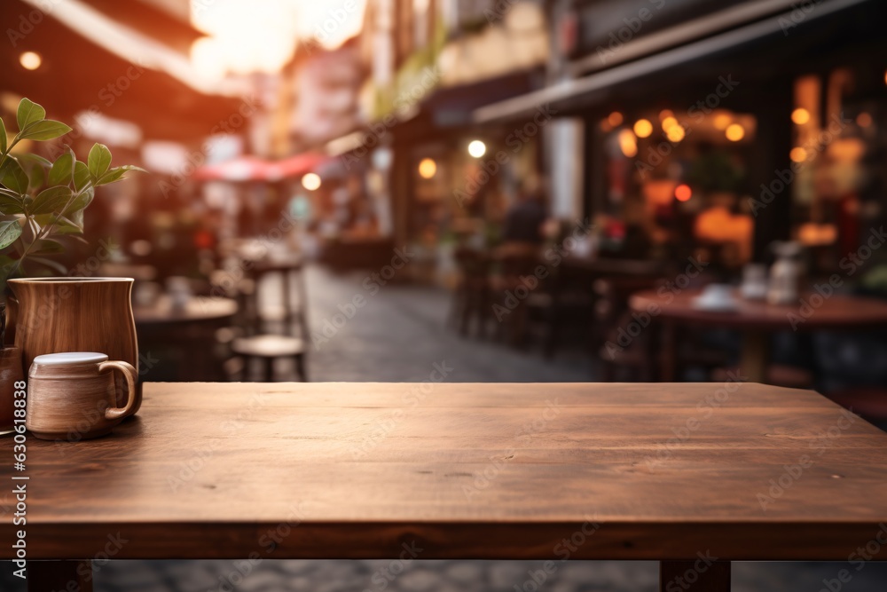 Rustic wooden surface set against a blurry backdrop of a bustling cafe scene. Perfect for product presentation.