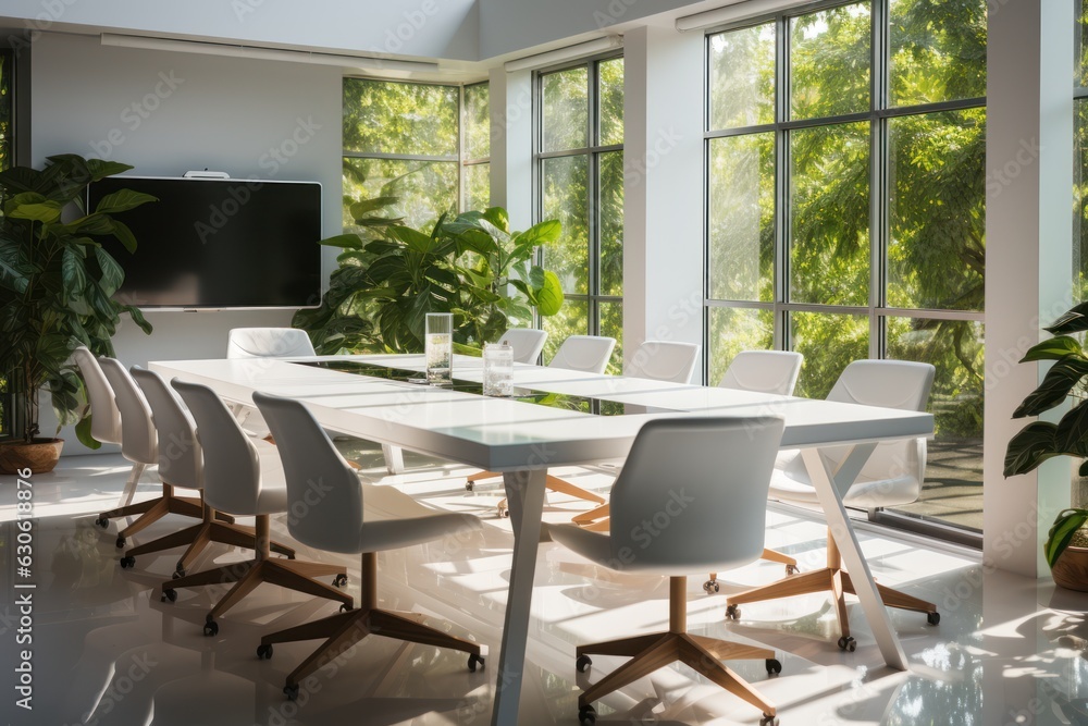 Fototapeta premium Dining Table with chairs and plants, Generative AI