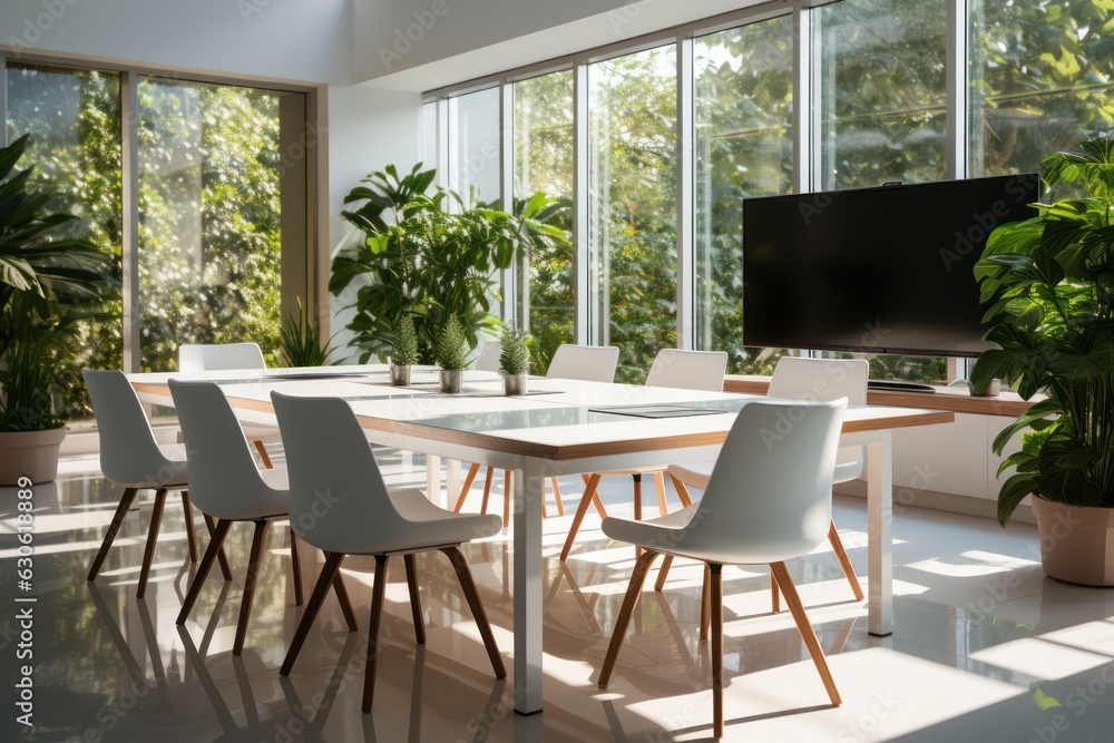 Obraz premium Dining Table with chairs and plants, Generative AI