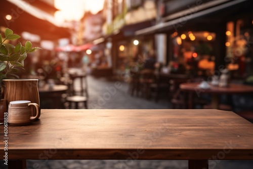 Rustic wooden surface set against a blurry backdrop of a bustling cafe scene. Perfect for product presentation. © Christian