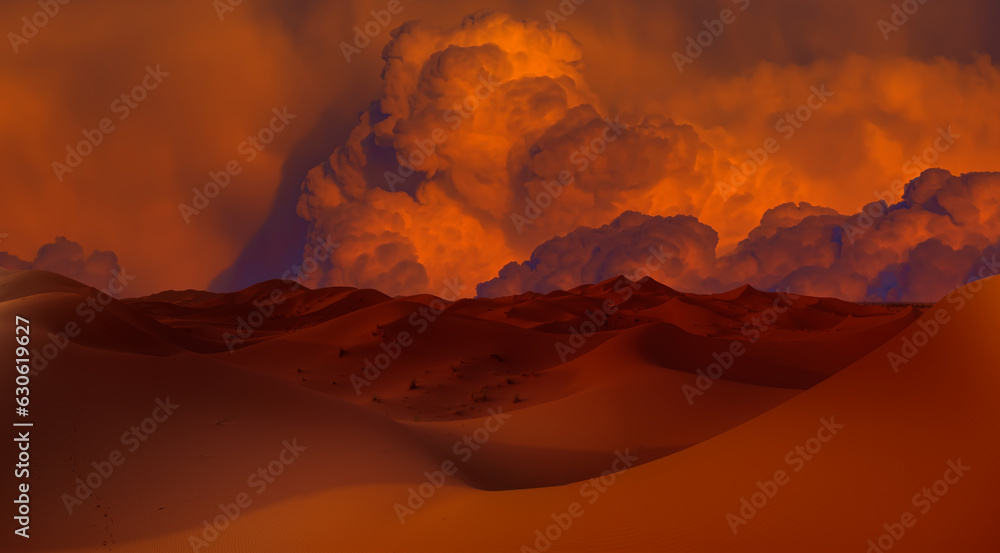 Sand dunes and sand storm in the Sahara desert - hot and dry desert landscape