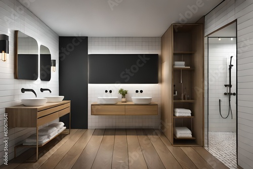 Interior of a bathroom with a black wall, a wooden shelf, a black, angular sink, and a small, vertical mirror. Detailed mockup