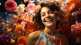 beautiful  Woman walked in the sea of flowers and a bright smile