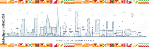 Kingdom of Saudi Arabia Famous Buildings with Traditional ornament red and green. Vector Illustration 