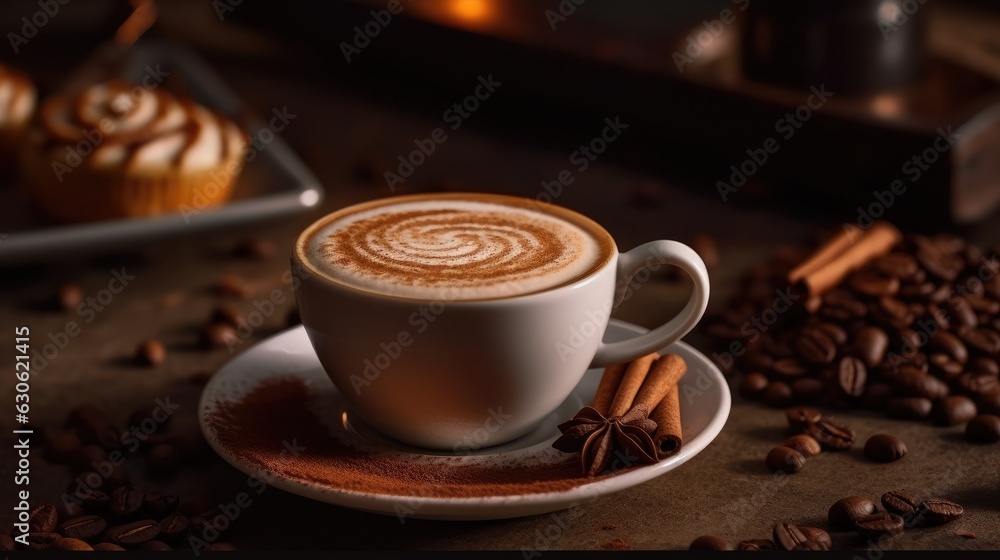 A cup of coffee with latte art spiral shape foam on a table with many coffee beans around it. Generative AI A cup of coffee with latte art spiral shape foam on a table with many coffee beans around it. Generative AI