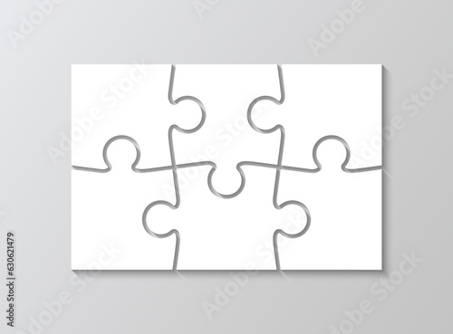 Laser cut template with 6 details. Puzzle grid template. Jigsaw pieces mosaic. Layout of thinking mosaic game. White modern background. Infographic diagram. Vector illustration.