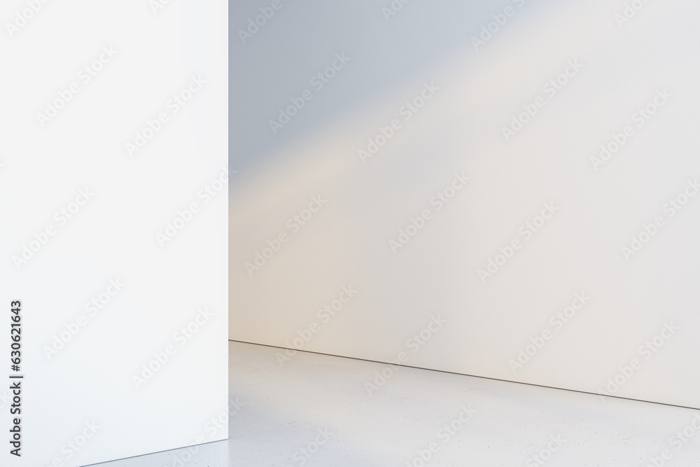 Bright white geometric interior with mock up place on walls. Exhibition, gallery and layout concept. 3D Rendering. Bright white geometric interior with mock up place on walls. Exhibition, gallery and layout concept. 3D Rendering.