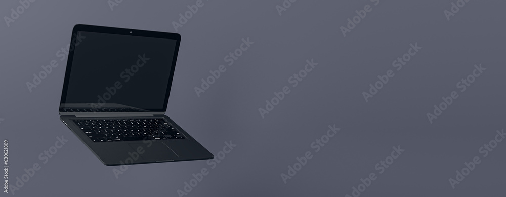 Empty laptop screen on light wide wallpaper. Technology, mock up place and webinar advertisement concept. 3D Rendering.
