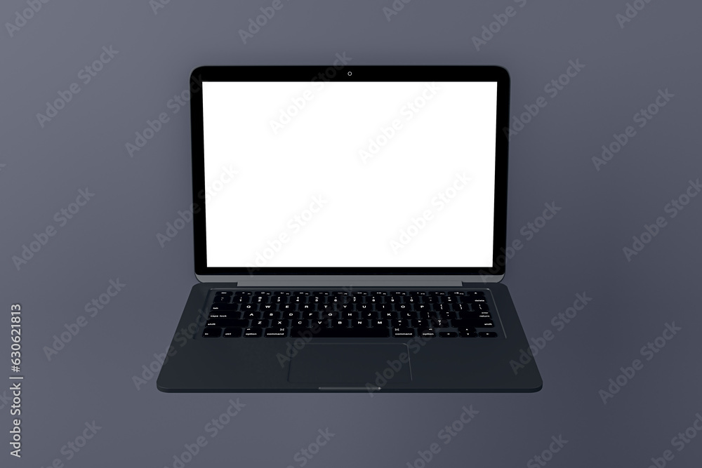 Blank laptop computer monitor on light gray background. Technology, mock up place and webinar advertisement concept. 3D Rendering. Blank laptop computer monitor on light gray background. Technology, mock up place and webinar advertisement concept. 3D Rendering.