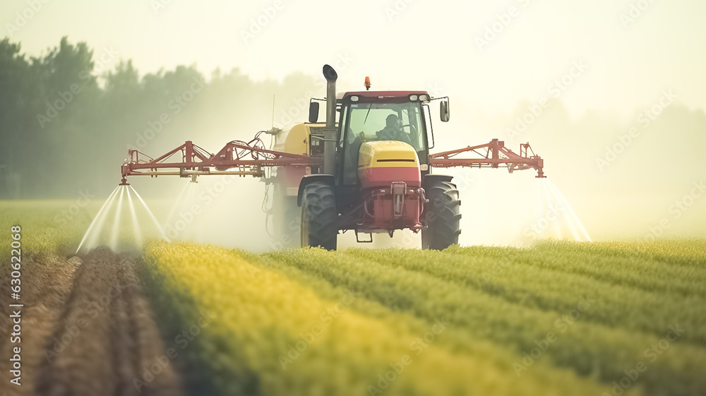 Fototapeta premium A tractor sprays an agricultural field with fertilizer.