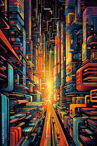 A futuristic cityscape depicted in angular lines and bold colors, representing the forward-thinking ideals of Italian Futurism and the merging of technology and urban life. Generative Ai
