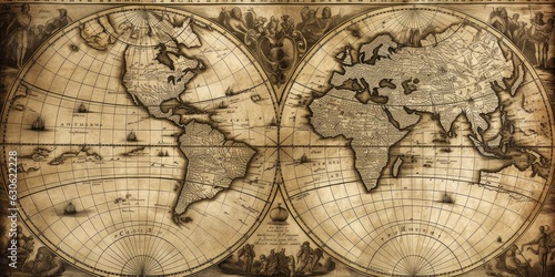A sepia-toned old world map in two circles with illustrations and a banner.