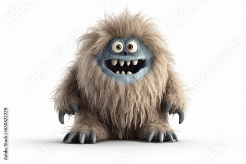 A furry monster with blue skin, white fur, and sharp teeth on a white background.