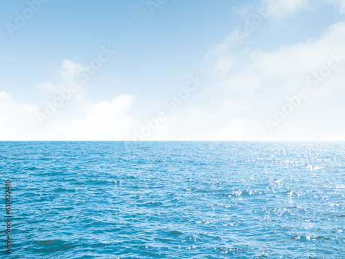 Sea Ocean Horizon Background, Blue Water Calm Still Texture Surface Wave View Summer with Light Day Cloud Clear Sky Tropical Landscape Nature 