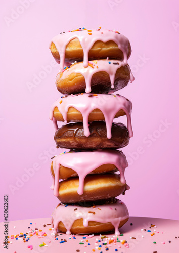 Pastel pink food concept, delicious, juicy, sweet donuts with glaze. A calorie bomb, a delicious sugary dessert