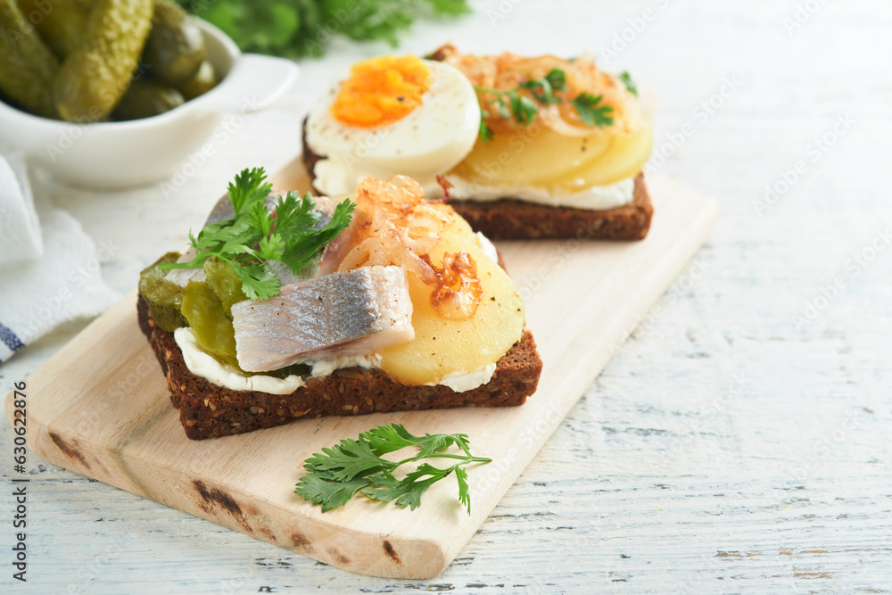 Open sandwich or smorrebrod with rye bread, herring, eggs, caramelized onions, parsley and cottage cheese on old wooden rustic table backgrounds. Danish or Scandinavian traditional food snack lunch. Open sandwich or smorrebrod with rye bread, herring, eggs, caramelized onions, parsley and cottage cheese on old wooden rustic table backgrounds. Danish or Scandinavian traditional food snack lunch.