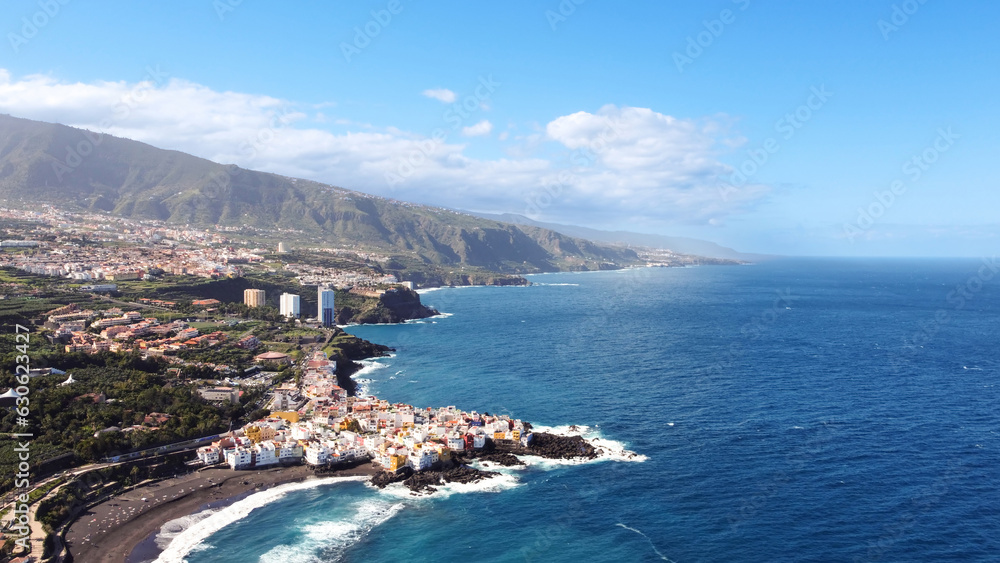 Aerial drone view of Puerto de la Cruz in Tenerife, Canary Islands