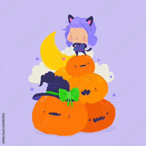 Cute Little Witch standing on Heap of Halloween Pumpkins