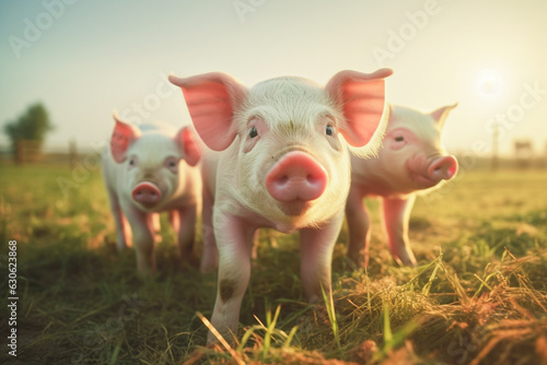 Close up of pigs, piglets in an outdoor enclosure. Farm animal welfare and care. generative ai