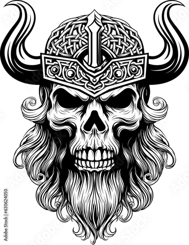 A Viking skull skeleton warrior or barbarian gladiator man mascot face looking strong wearing a helmet. In a retro vintage woodcut style.
