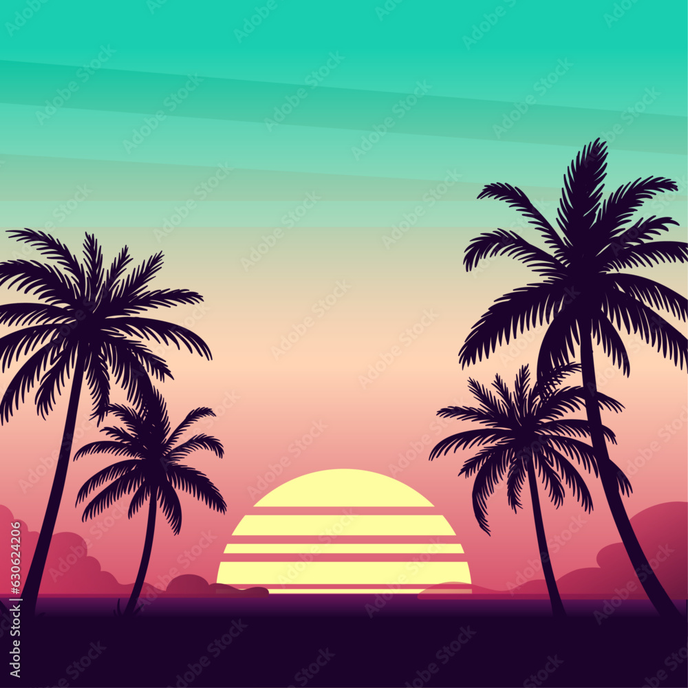 Colorful palm, sunset silhouettes background