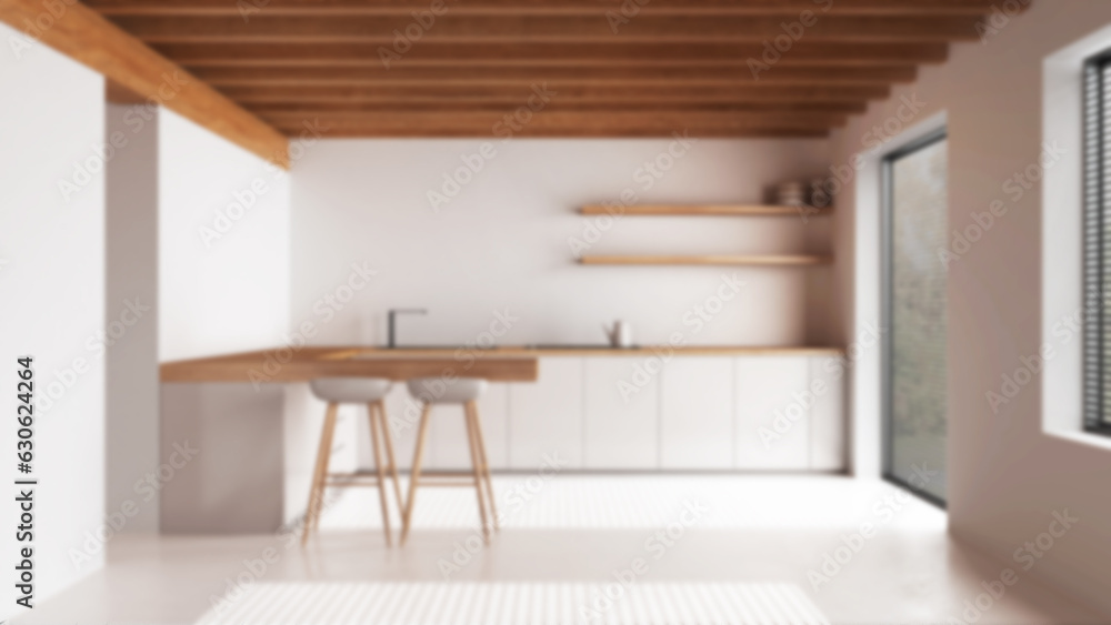 Blurred background, minimal wooden kitchen. Resin floor and wooden ceiling. Cabinets, island with stools and appliances. Japandi interior design Blurred background, minimal wooden kitchen. Resin floor and wooden ceiling. Cabinets, island with stools and appliances. Japandi interior design