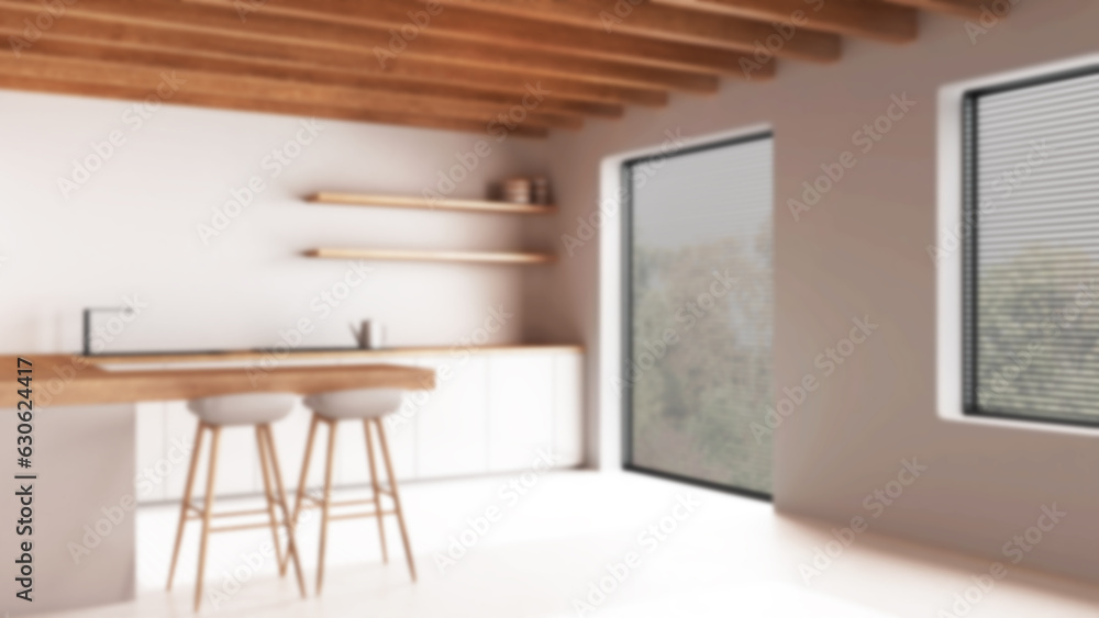 Fototapeta premium Blurred background, wooden minimal kitchen with resin floor. Beams ceiling, cabinets, island with stools and panoramic window. Japandi interior design