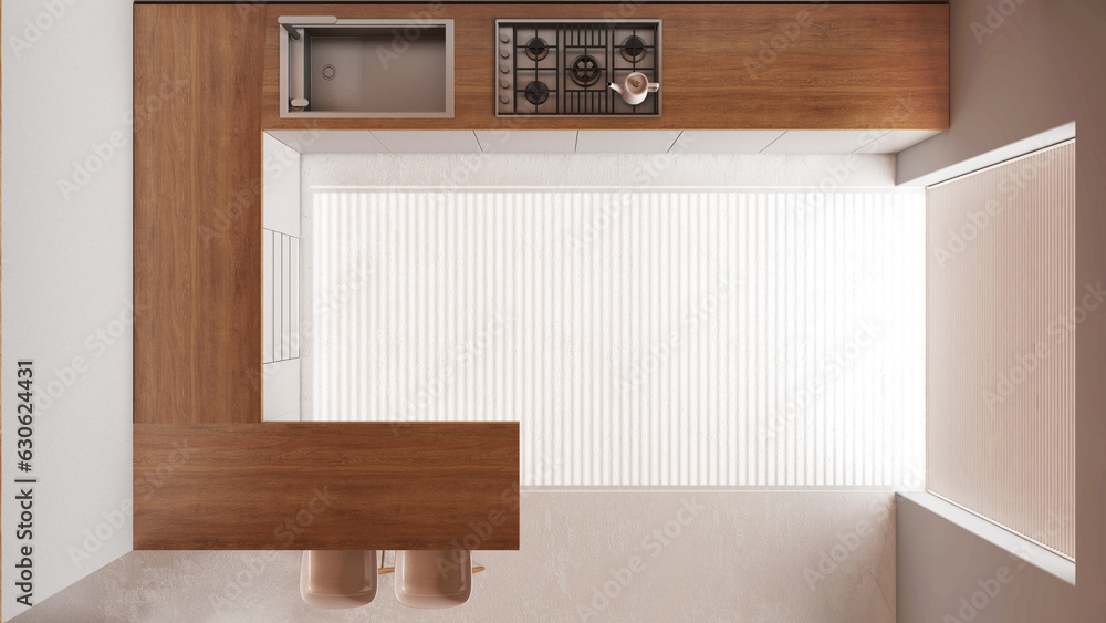 Modern wooden kitchen in white and beige tones. Island with cabinets ...
