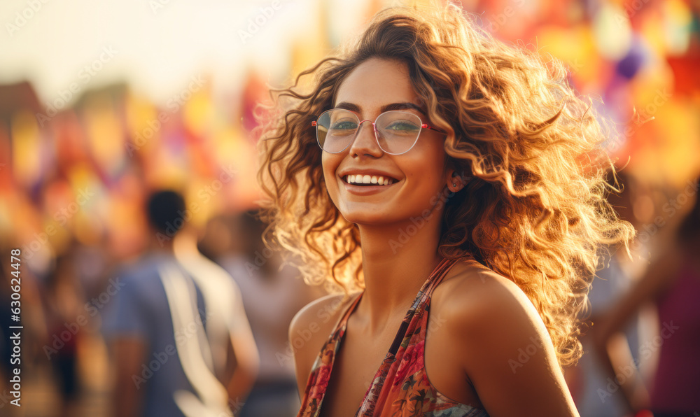 Portrait of a happy young blonde woman having fun on a music festival