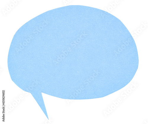 Blue blank cut out paper cardboard speech bubble of elliptical round shape with copy space for text on transparent or white background
