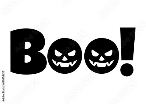 Logo con texto manuscrito boo con caras de calabaza de  halloween Jack O Lantern en letra o