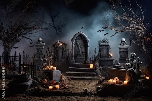 Spooky graveyard display with tombstones  cobwebs  and eerie lighting  adding a spooky touch to the Halloween decor - Generative AI