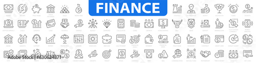 Finance icon set. Money, finance, payments, bank, check, law, auction, exchance, wallet, deposit, piggy, calculator and more. Vector illustration.