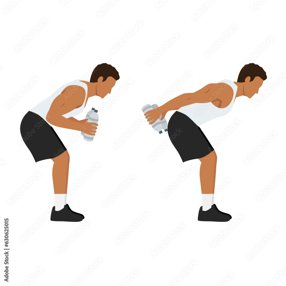 Man doing Bent over double arm tricep kickbacks with water bottle exercise. Flat vector illustration isolated on white background