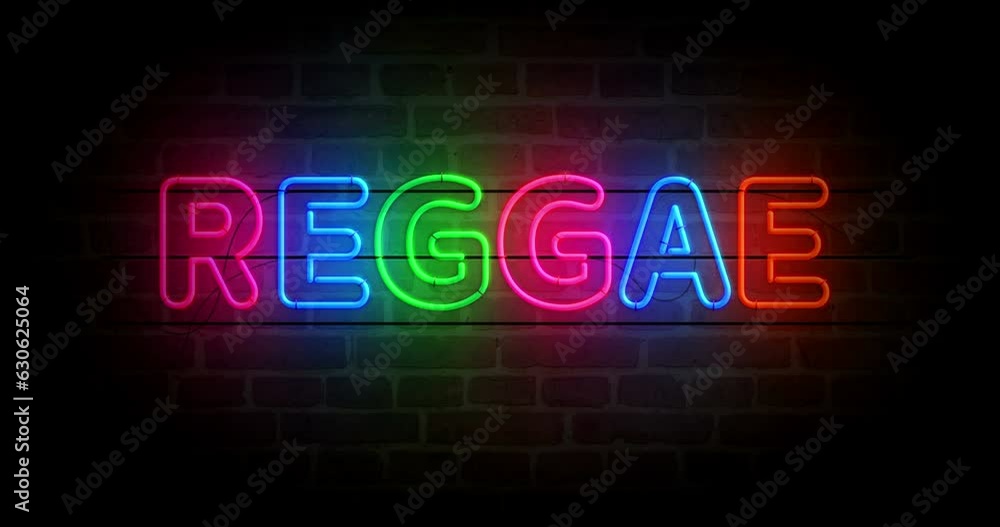 Reggae neon symbol on brick wall. Freedom jamaica culture retro style light color bulbs. Loopable and seamless abstract concept animation. Reggae neon symbol on brick wall. Freedom jamaica culture retro style light color bulbs. Loopable and seamless abstract concept animation.