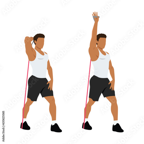Man doing Resistance band tricep overhead extensions exercise. Flat vector illustration isolated on white background