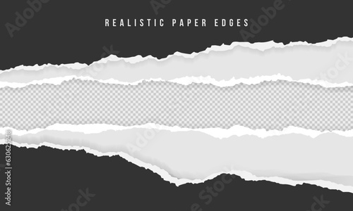 Seamless torn or ripped black and white paper edges on transparent background. Newspaper strip clip art for social media banner. Blank page split, grunge notebook scrap or office tear note design. 